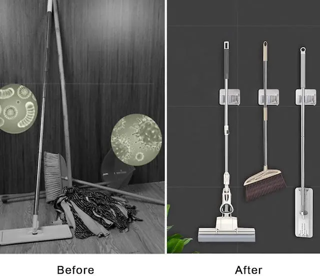CUSTOM OEM Double Clip Mop Holder Wall Mount Space-Saving Stainless Steel Mop and Broom Holder with Hook Silver
