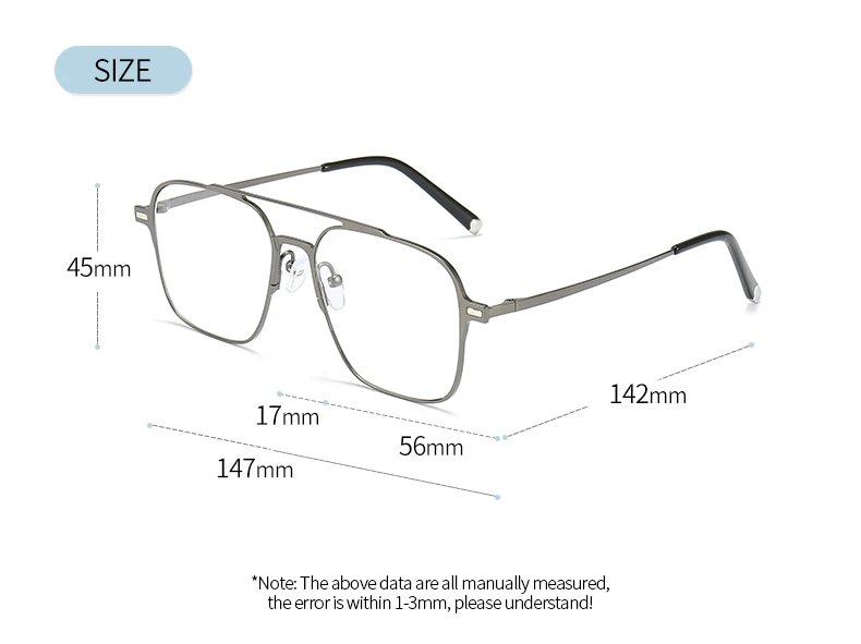 2023 Square Double Bridge Eyeglasses Frame with Magnetic Clip-On