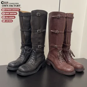 Women's Fashionable Retro Long Knight Boots with Thick Heel and Cowhide Upper Winter Autumn Spring Thick Soled Long Boots