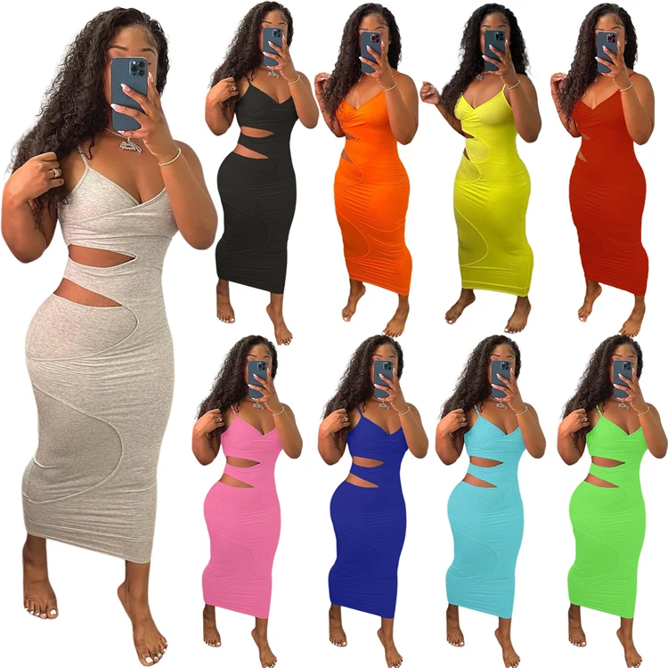 Casual Ladies Bodycon Dress Spaghetti Strap Splitlevel Summer Women Midi Dresses