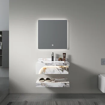 Hot sale simple hotel style LED mirror cabinet washbasin single basin white rock plate bathroom cabinet