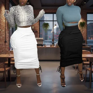 Women's Casual Solid Maxi Skirt Slim Pencil Style with Elastic Waist Pocketed Drawstring Plain Dyed Technics