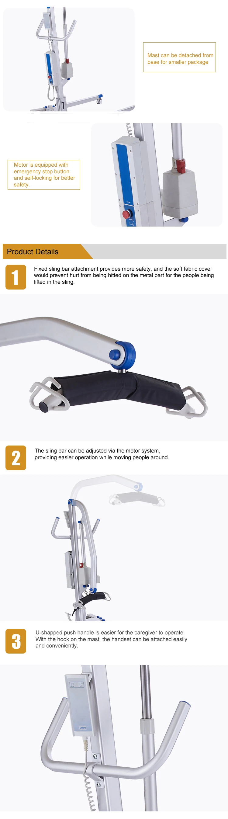 Electric Transfer Patient Lifting Cranes Aluminum Adjustable Patient Lift Movable Disabled