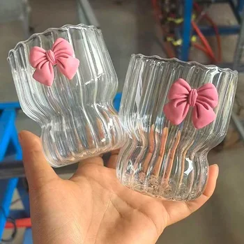 56H Pink bow heat-resistant coffee high borosilicate glass vertical pattern chubby mug tea cups