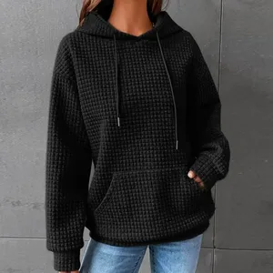 Custom Solid Winter Womens Lined Hoodies Casual Long Sleeve Drawstring Waffle Pullover Tops Loose Hooded Sweatshirt Pocket