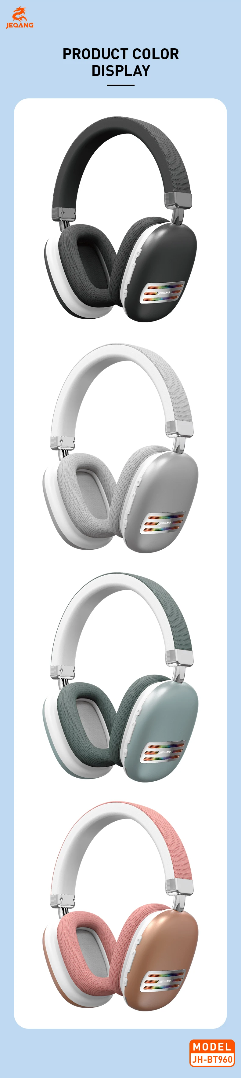 Jeqang-960 True Wireless Stereo BT Headset On-Ear & Over-Ear Dynamic Gaming Headphones with TF FM Support for DJ Sports Travel