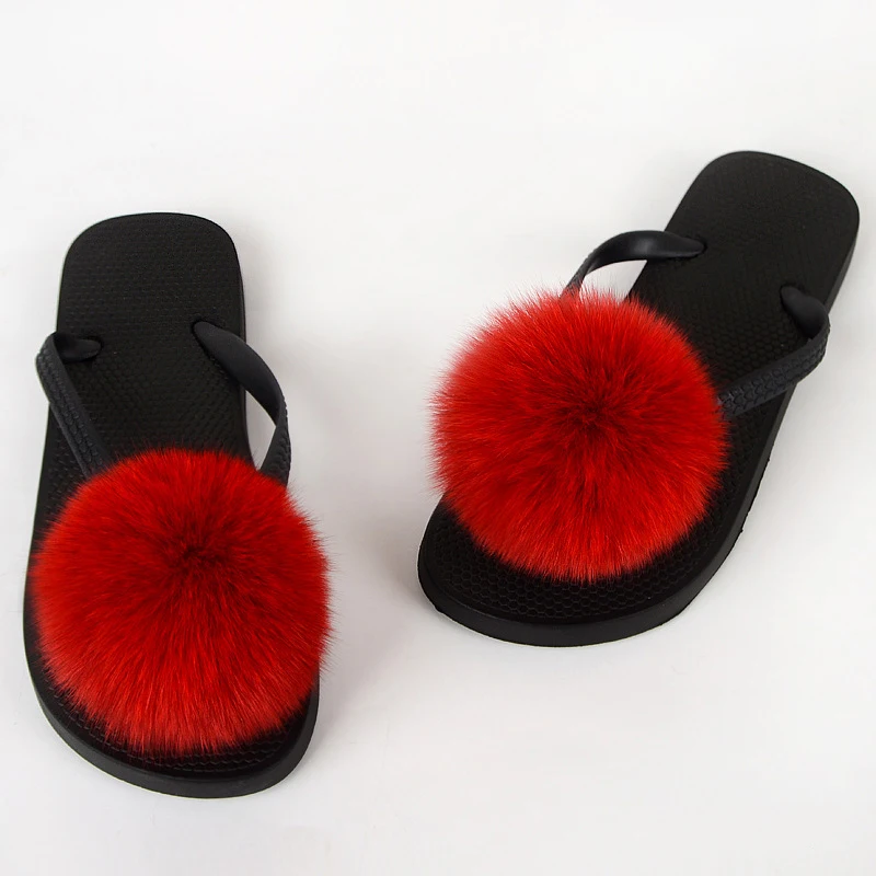 flip flops with fur pom pom