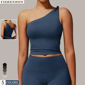 YISHENHONG Women's Asymmetric Shoulder Knotted Yoga Vest Oblique Waist Slimming Leisure Running Fitness Sport Breathable