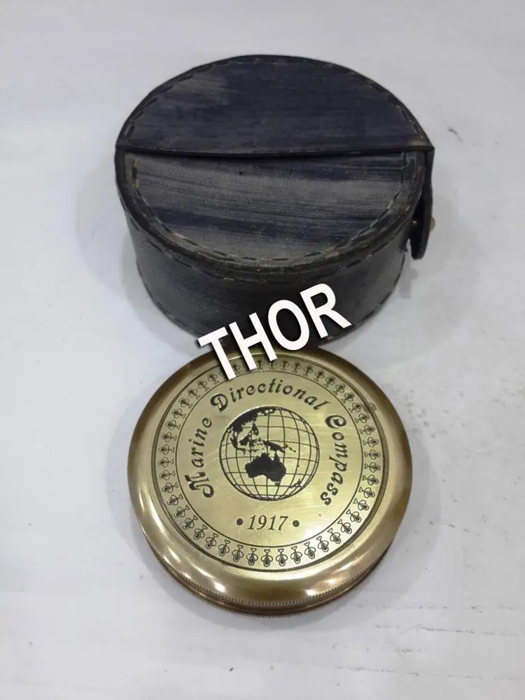 Antique 3-Inch Brass Compass with Black-Leather Box 1917 Nautical Marine Directional Pocket Compass w/Lid