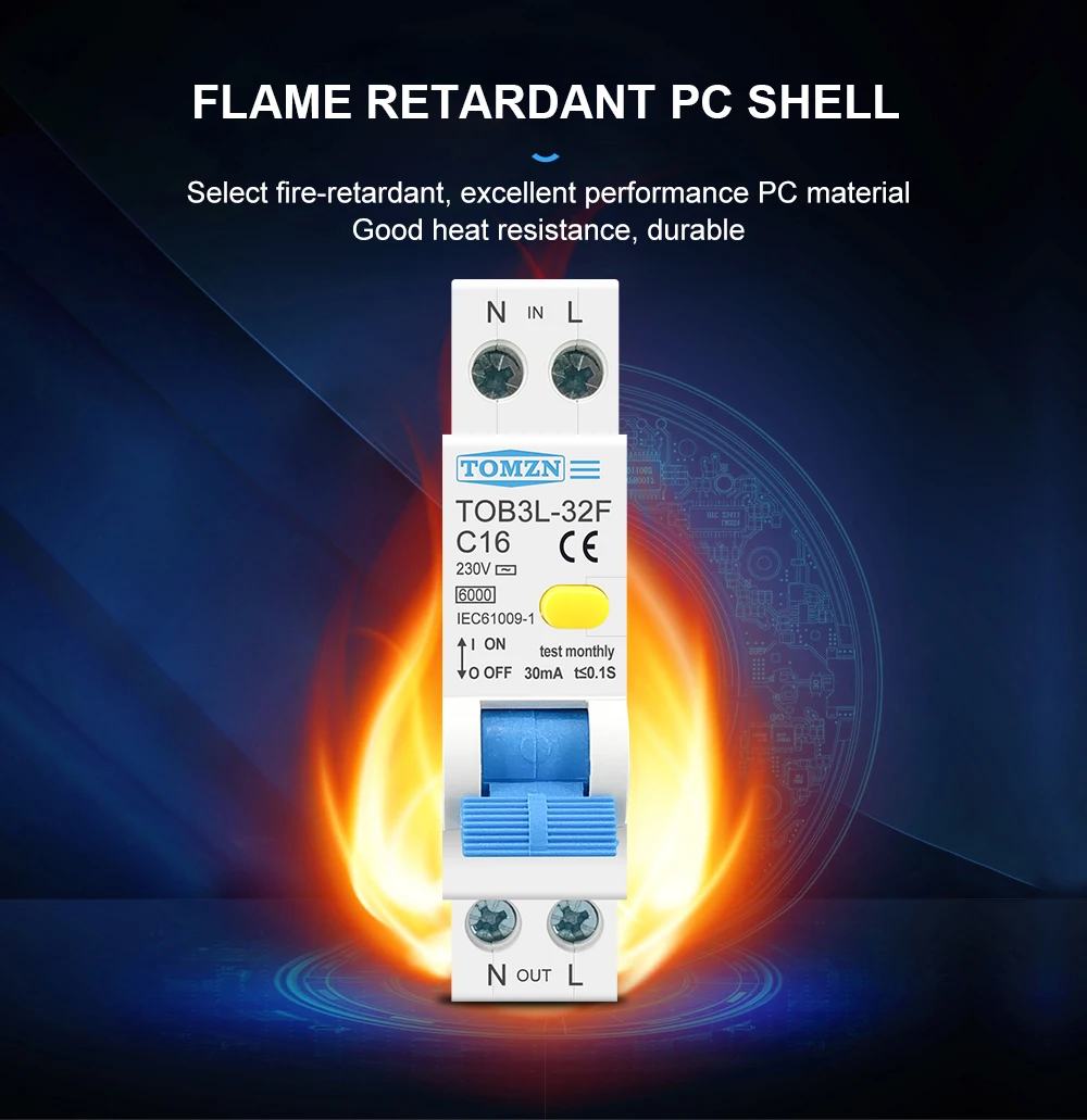 TOMZN RCBO 1P+N 6KA Residual Current Differential Automatic Circuit Breaker Over Current Leakage protection 18MM 230V 50/60Hz