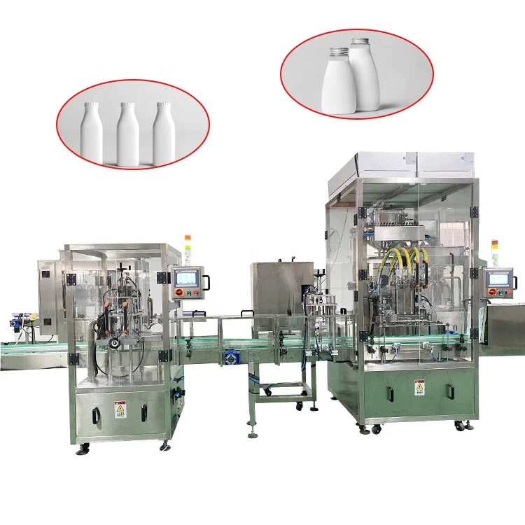 Automatic 4 Heads Piston Filling Machine Milk 3 In 1 Liquid Filling And Capping Machine Production Line