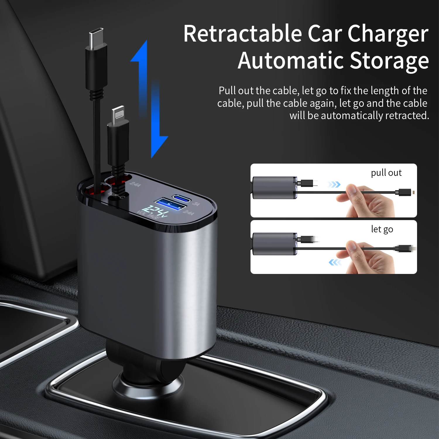 Newest 4-in -1 Multi- Charging Ports Car Fast Charger With Retractable ...