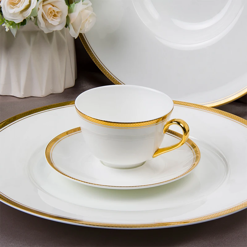 57 Pcs Gold Rim Bone China Porcelain Dinner Plate Set Dinnerware Sets