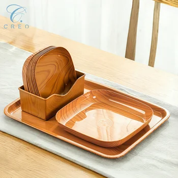 Creative Kitchen Wood Grain Plastic Spit Bone Dish Desktop Snacks Storage Plates Set for Nuts Dried Fruits Desserts & Fast Food