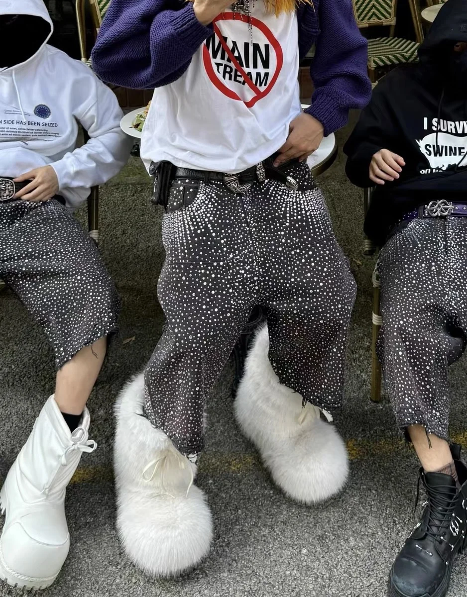 Custom Streetwear Man All Over Print Dirty Mud Acid Wash Skate Diamond Rhinestone Distressed Denim Jeans Shorts Baggy Jorts Men gallery 3
