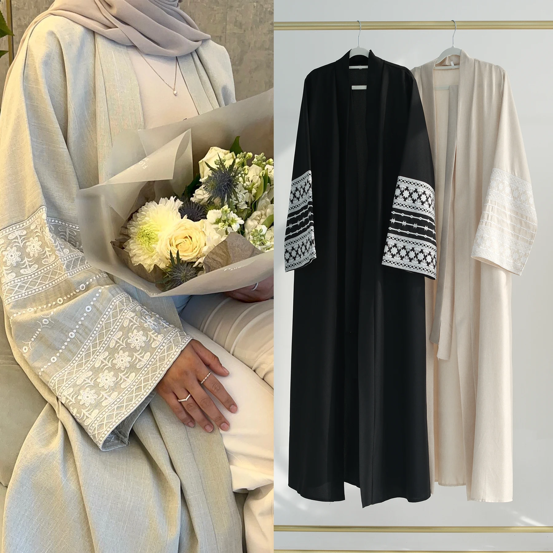 2024 Ramadan Linen Embroidery  Linen Open Abaya Femmes Robe Musulmane  Abaya Women Muslim Dress  Islamic Clothing