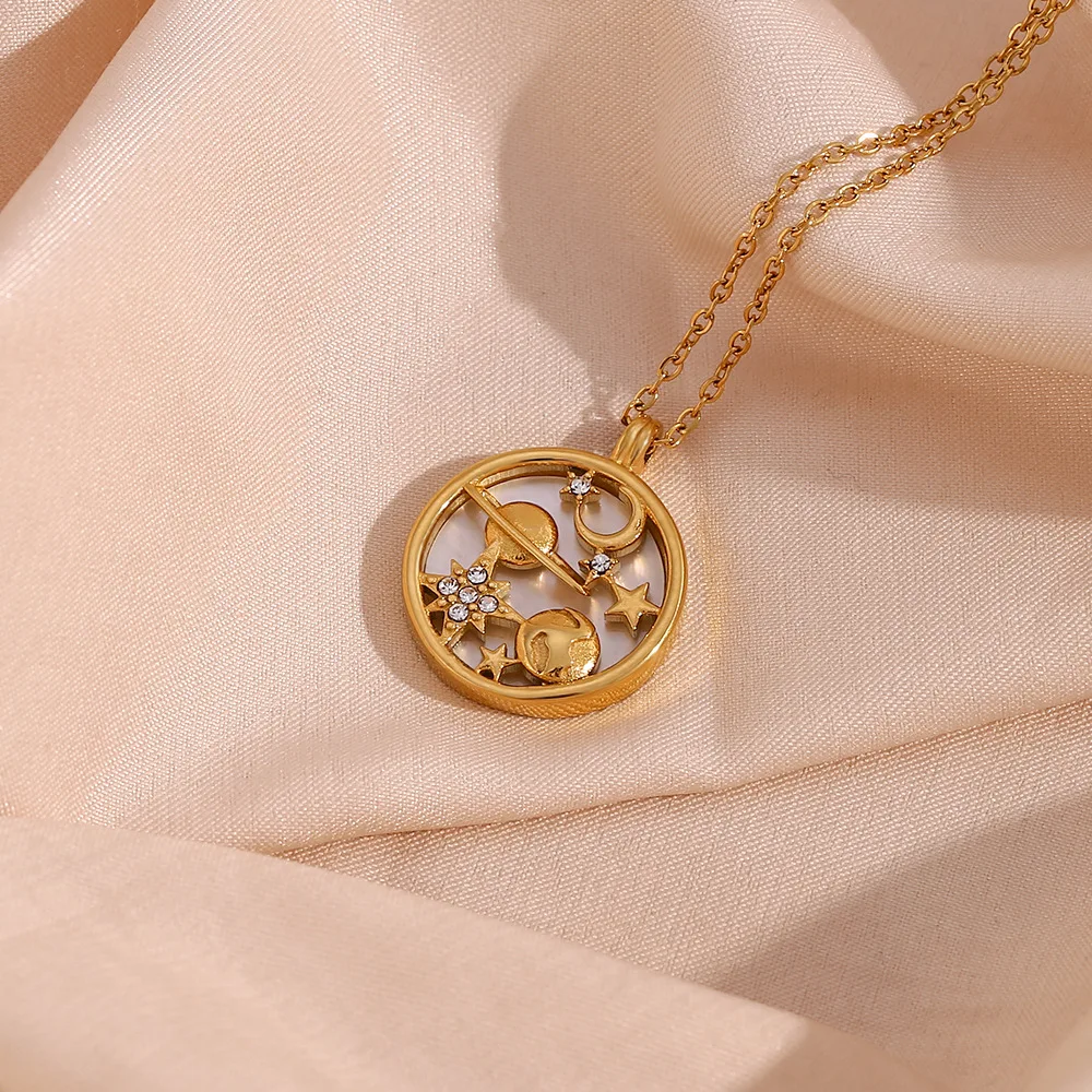 18K Gold Plated Moon & Stars Necklace with Zircon