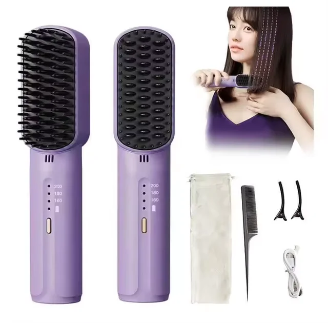 2500MAH Anti-Scald Hot Comb Straightener Rechargeable USB Portable Hair Straightening Brush Wireless Electric Hair Straightener