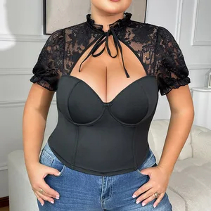 2026 New Arrival Sexy Plus Size Lace Sheer Strappy Slimming Top T-Shirt Fishbone Corset Women's Clothing