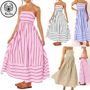 Custom Striped Back Gathered Maxi Dress Sexy Spaghetti Straps Shrried  Hollow Flowing Women's Elegant Casual Maxi Dress