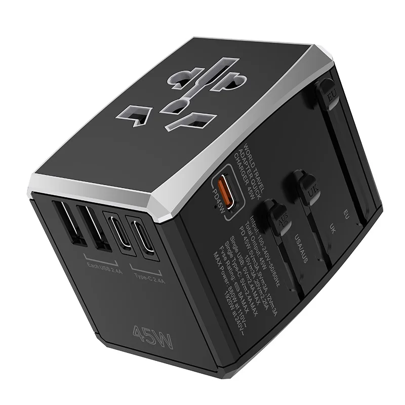 PD45W Fast Flash Charge Universal Travel Adaptor  Worldwide Travel Power Adapter AC Socket with 5 USB Ports