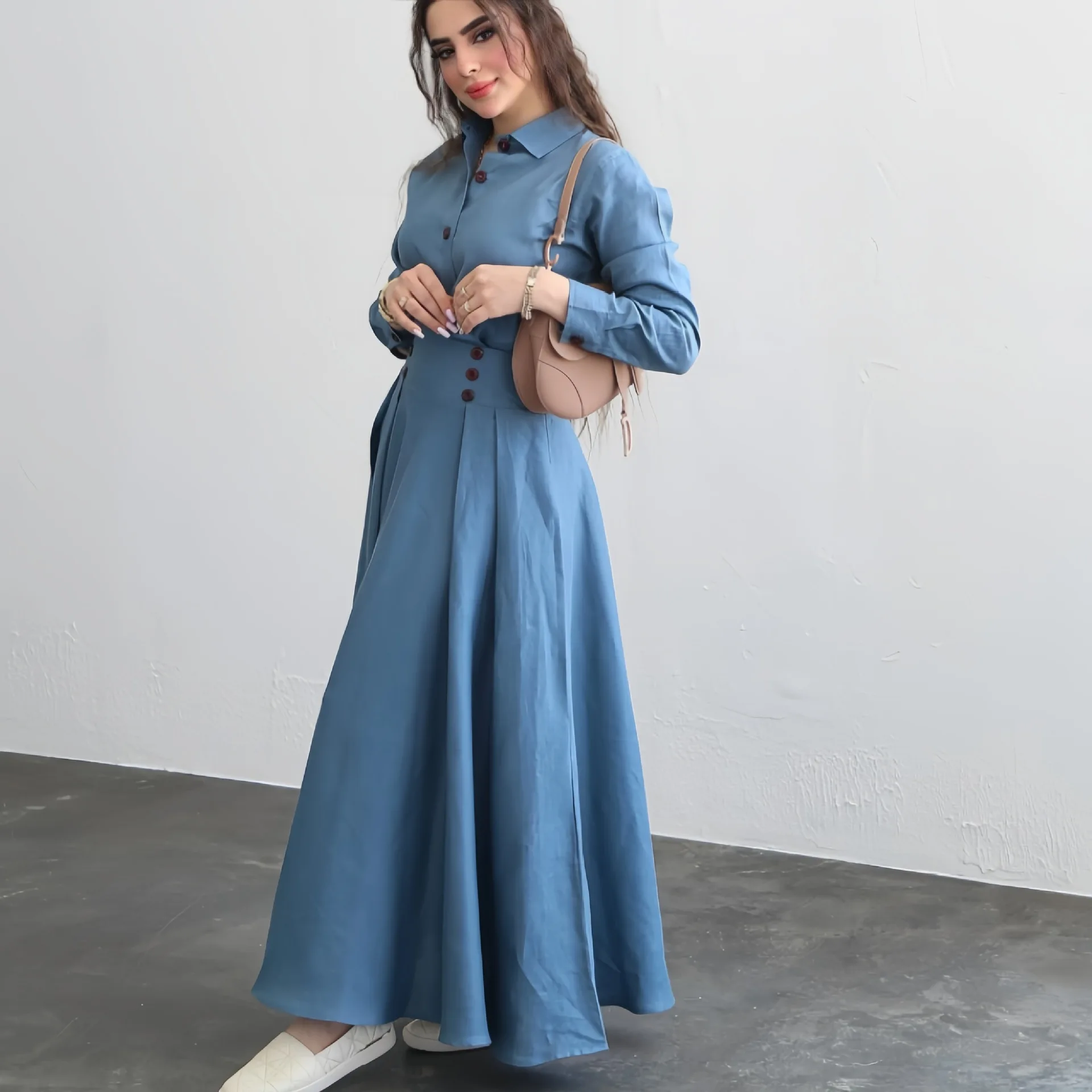 R-690 Elegant Pleated Abaya Fashion Belts Button Muslim Long Sleeve Maxi  Dress Set for Wedding Spring Autumn