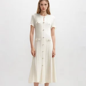 Summer French Temperament Dress Spring New Short-sleeved Wooden Ear Edge Long Section Knitted Thin Open Fork Dress Women