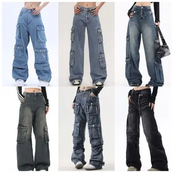 American Streetwear Washed Blue Distressed Large Pocket Jeans With Elastic Waist for Men and Women Loose Fitting Workwear Pants