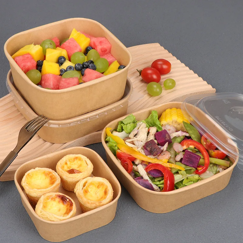 Eco-Friendly Disposable 750ml 1000ml 1075ml Square Rectangular Salad Bowls with Lid Paper Food Container Stamped Print Design