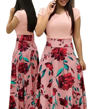 Korean crop tops for Women's Summer Short Sleeve Stretch Floral Print Long Casual Colorblock Ladies Elegant Dresses women