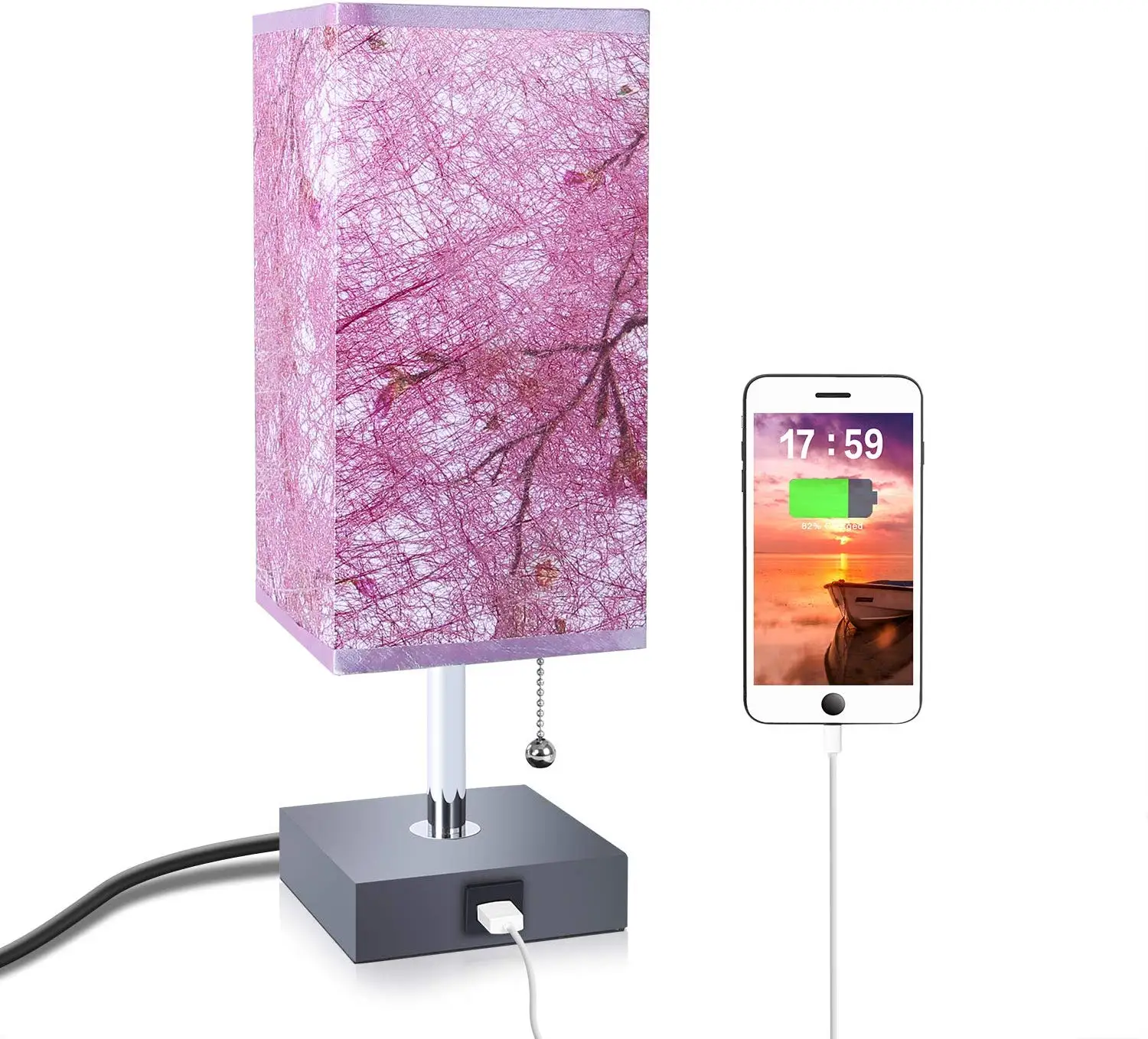 Wholesale good rate square plum pink silk lamp eye caring modern decoration table lamp with USB charger for girl and children