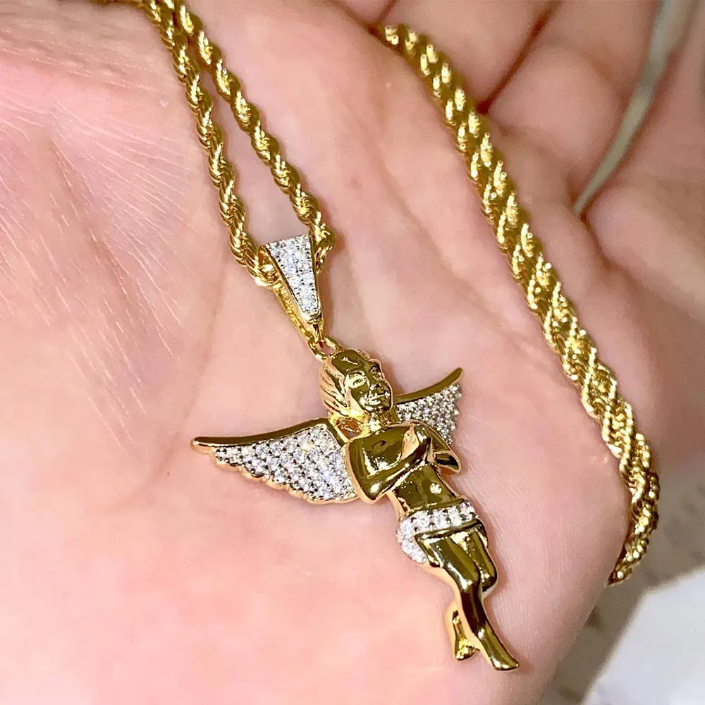 High Quality Gold Hiphop Iced Out Bling Angle Silver 925 necklace Mens Pendant Angel Wing Necklace For Gift