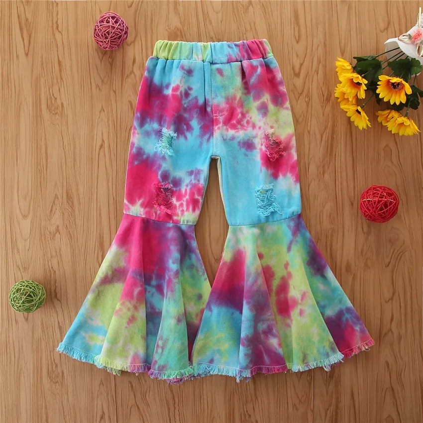 Fashion Toddler Girl Tie Dye Trouser Bell-bottom Christmas Kid Ruffle  Leggings Children's Denim Hole Pants Clothes