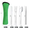 Juego de cuatro piezas de cuchillo, tenedor, cuchara y palillos, color verde