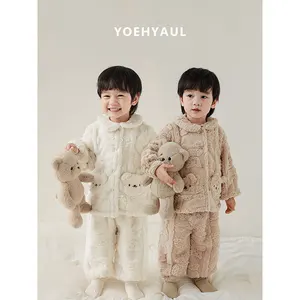 YOEHYAUL Boys' Bear Jacquard Plush Home Clothes Set Autumn Winter Children's Lapel Cute and Warm Tighten Foot Pajamas