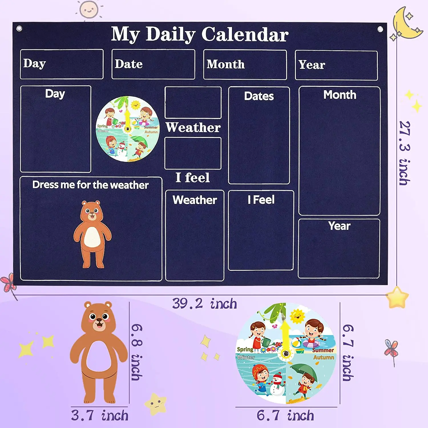 2024 My First Daily Calendar Day Week Chart must Haves Foldable Personalized Wall Felt Flannel Activity Board for Kids