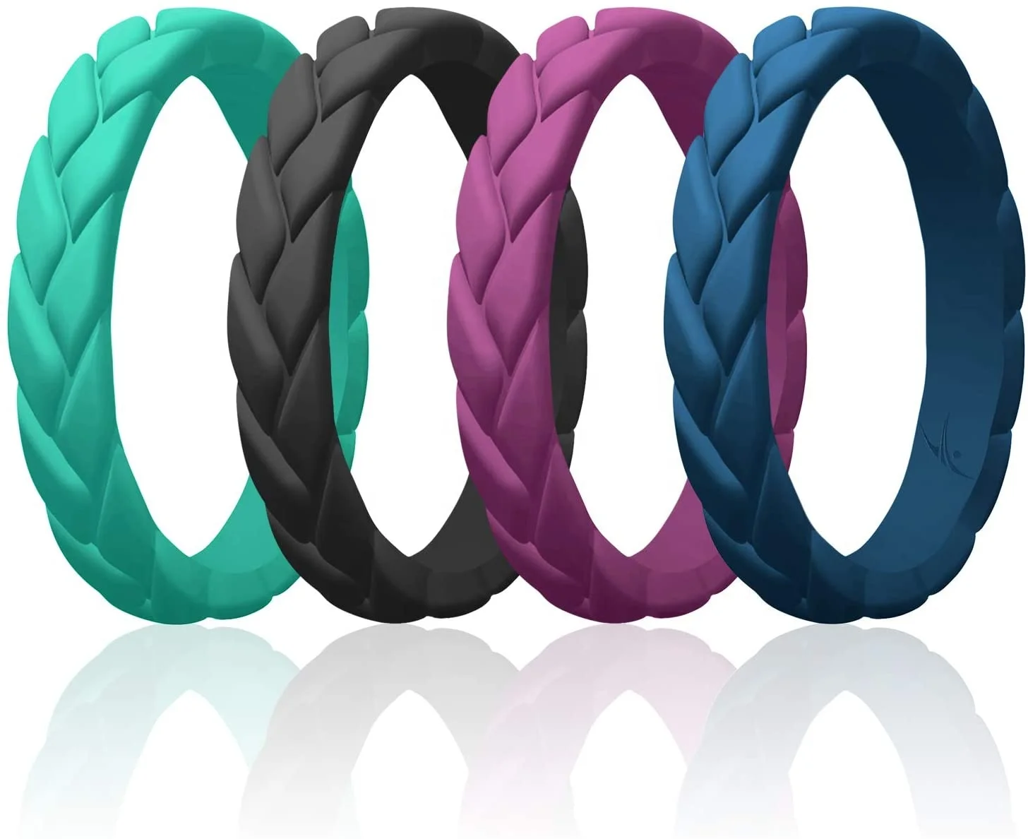 Braided Flame Leaves Collection Stackable Silicone Wedding Ring Multipack of Thin silicone rings wedding bands for Women