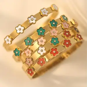 New Style Trendy Five Leaf Clover 18K Gold Plated Stainless Steel Bangle Bracelet