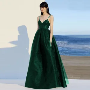 Elegant Spaghetti Strap Evening Guest Prom Long Party Dresses for Women  Sexy Deep V Neck Backless Summer Wedding Dress