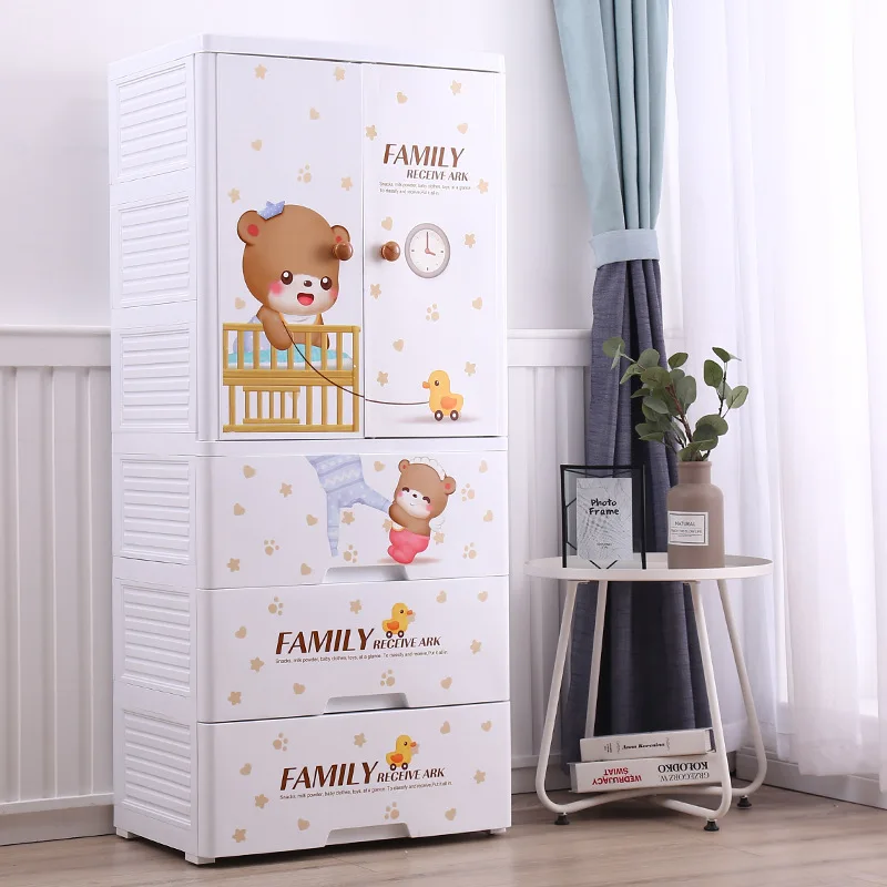 Hot Amazon High Quality 60*41*114 Cm Open Door Baby Bear Cartoon Plastic Wardrobe With Hanger And 3 Drawers