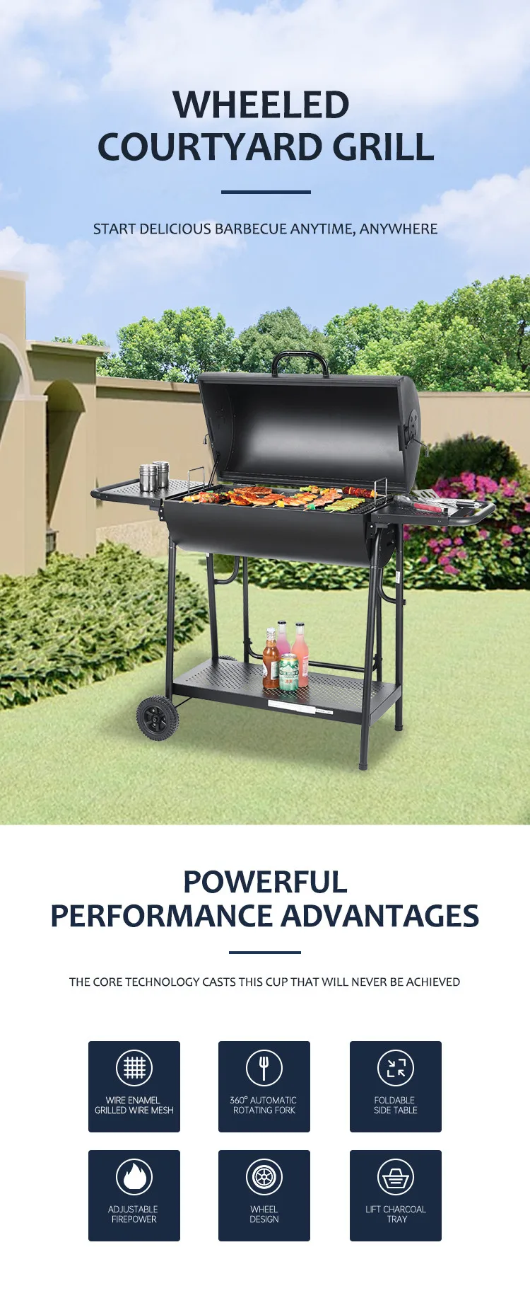 Outdoor Large Cooking Area Barbecue Smoker Charcoal Bbq Grill with Side Table Smoker Stainless Steel Indoor and Outdoor Support