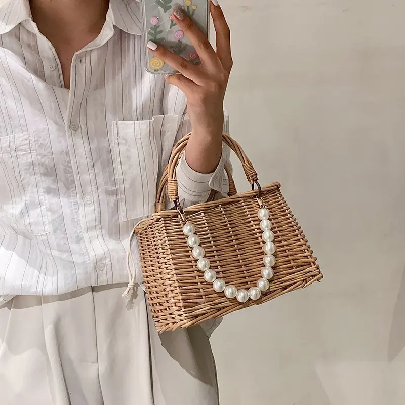 Kalanta Square Woven Straw Bags For Women Summer Pearl Chain Handmade ...