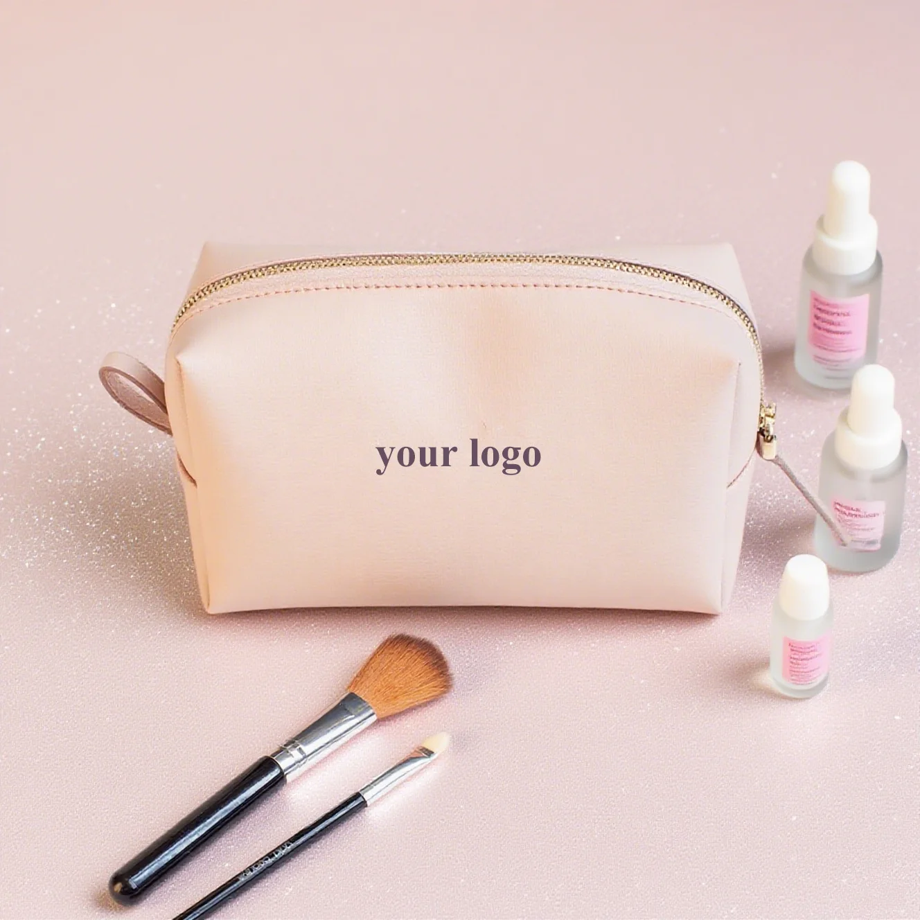 Tilpasset logo vannskjermende zippered stor luksuspose i PU-lær, mode toalett- og reisebag for makeup og kosmetikk