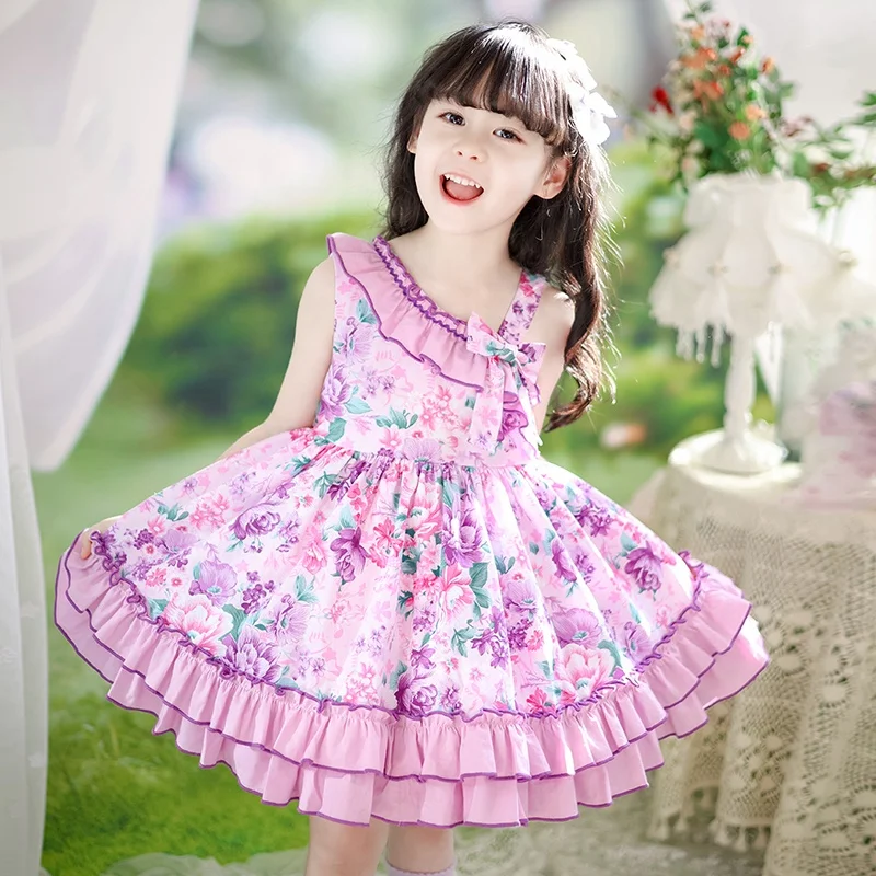 Hot Sale Summer Fashion Style Floral Print Sweet Sleeveless Princess Dress For Kids Girls