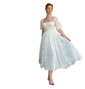 Customize Custom Elegant Puffy Sleeves Square Collar Appliques Floor-Length A-Line Beach Wedding Gown Birthday Party Prom