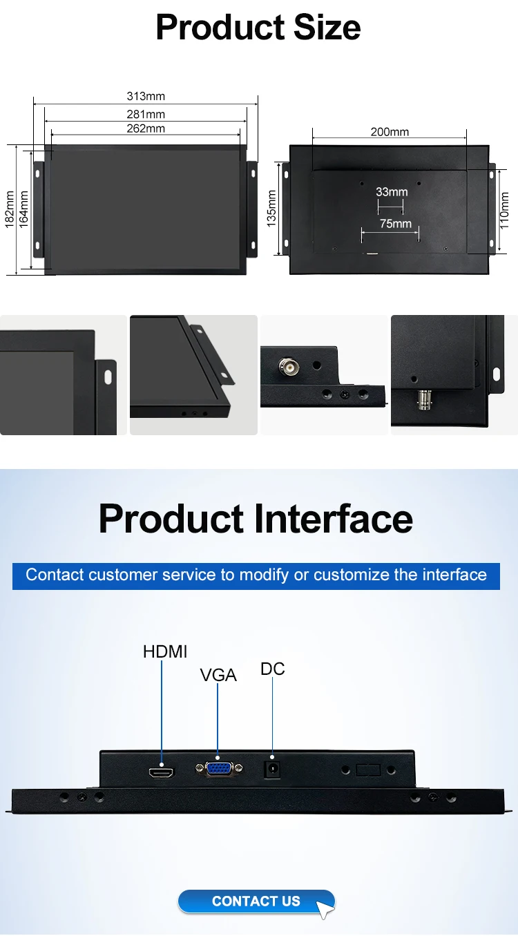 12 Inch Industrial Touch Monitor PCAP Touch Screen with VGA HDMI DVI for Embedded Open Frame Wall Mount
