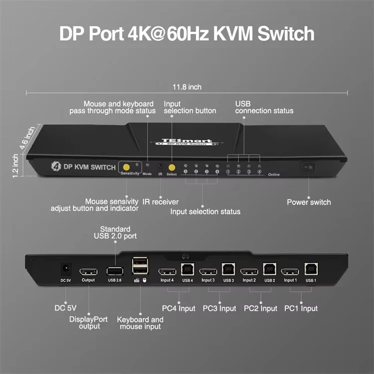 Switch KVM TESmart DisplayPort 1.2 DP a 4 porte 4K60Hz con hub USB 2.0, supporta la modalità pass-through di tastiera e mouse_voghion.com