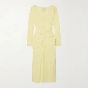 Clothing Manufacturer Custom Spring Autumn Yellow V Neck Long Sleeves Elegant Casual Women Pleated High Quality Dresses
