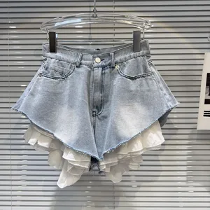 Wholesale Spring 2026 New Fashion Elegant Temperament Personality Sexy Lace Polished White Wide Leg Women's Denim Shorts