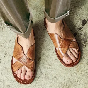 2026 Summer Style  Leather Men Handmade Sandals  Crossed-strap Design  Shoes